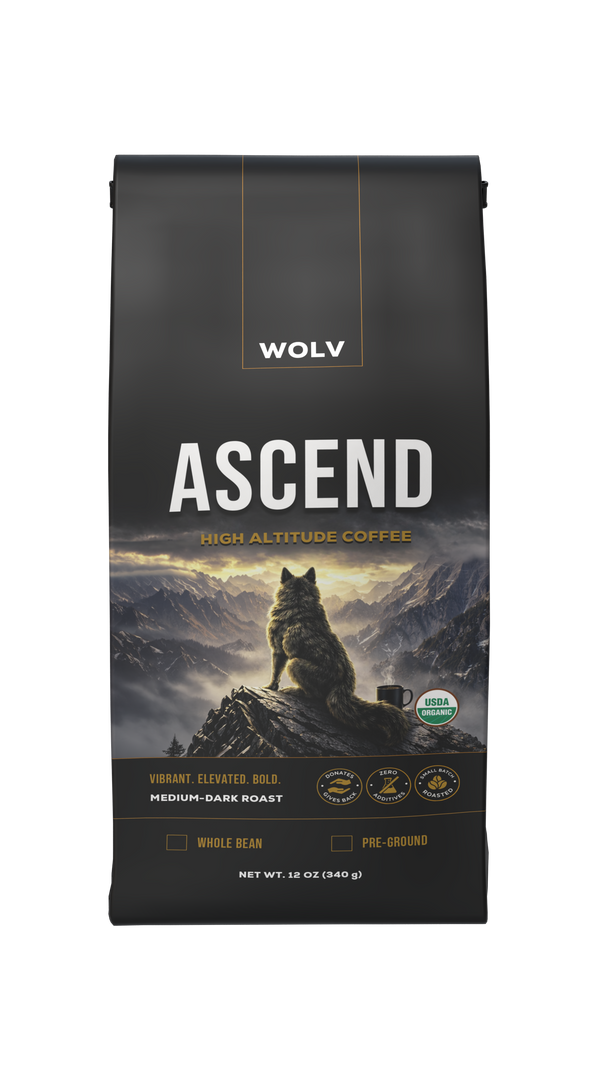 WOLV Ascend coffee bag with mountain and wolf design
