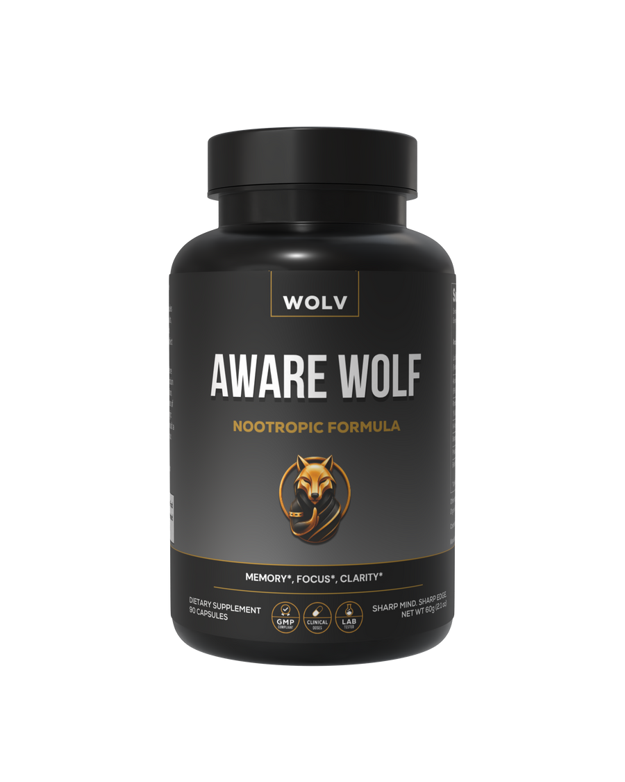 Black supplement bottle labeled 'Aware Wolf' with WOLV branding on a white background