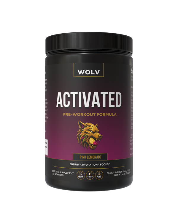 Wolv Activated pre-workout formula supplement container on a white background