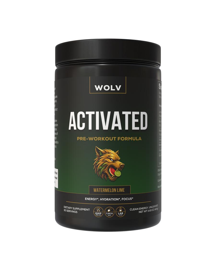 WOLV Activated pre-workout formula supplement container on a white background