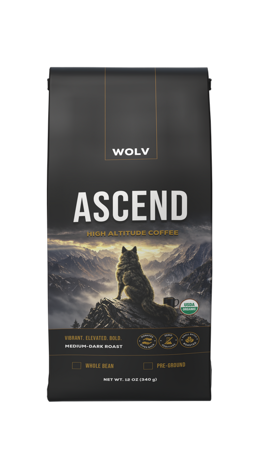 WOLV Ascend coffee bag with mountain and wolf design