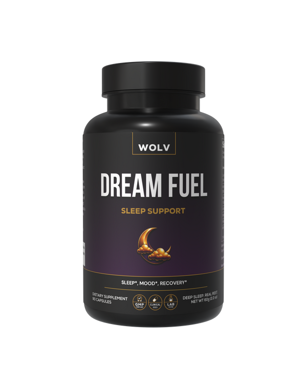 Black supplement bottle labeled 'Dream Fuel' by WOLV on a white background