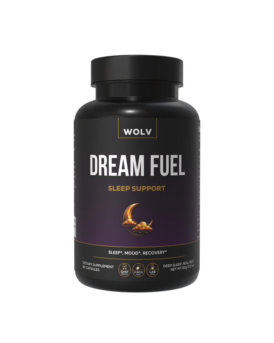 Black supplement bottle labeled 'Dream Fuel' by WOLV on a white background