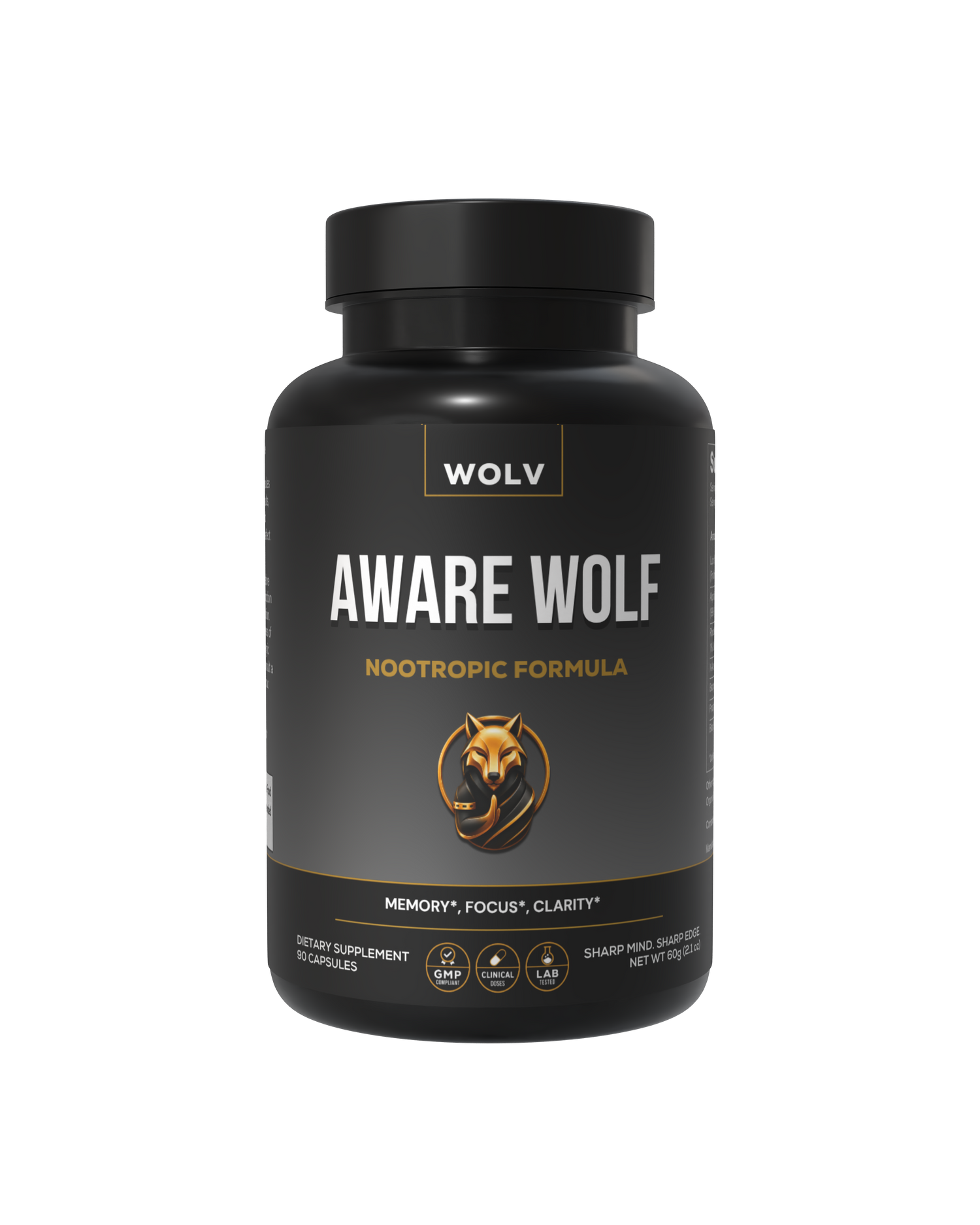 Black supplement bottle labeled 'Aware Wolf' with WOLV branding on a white background