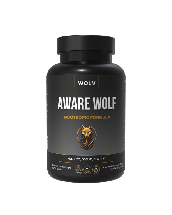 Black supplement bottle labeled 'Aware Wolf' with WOLV branding on a white background