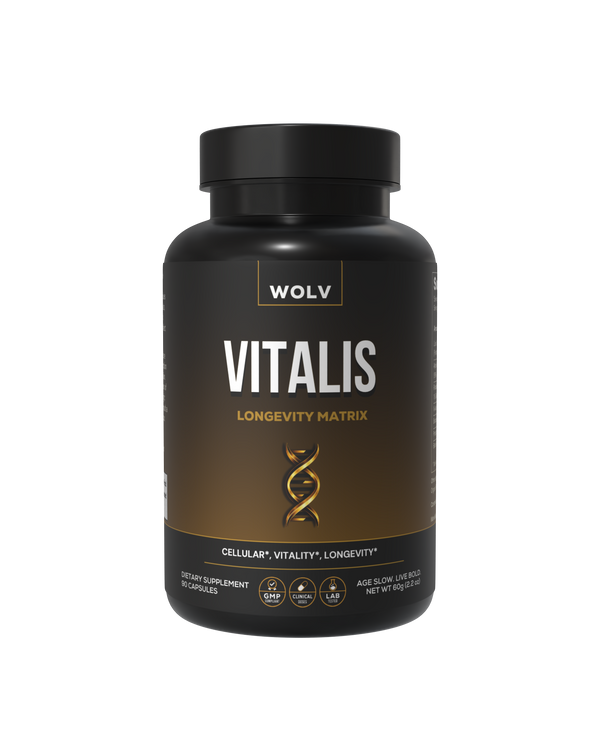 Supplement bottle labeled 'Vitalis' by WOLV on a white background