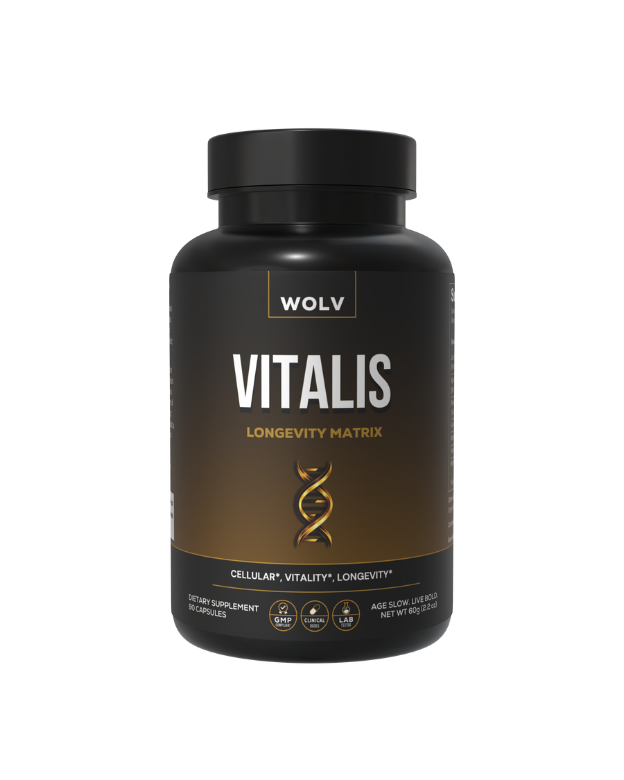 Supplement bottle labeled 'Vitalis' by WOLV on a white background