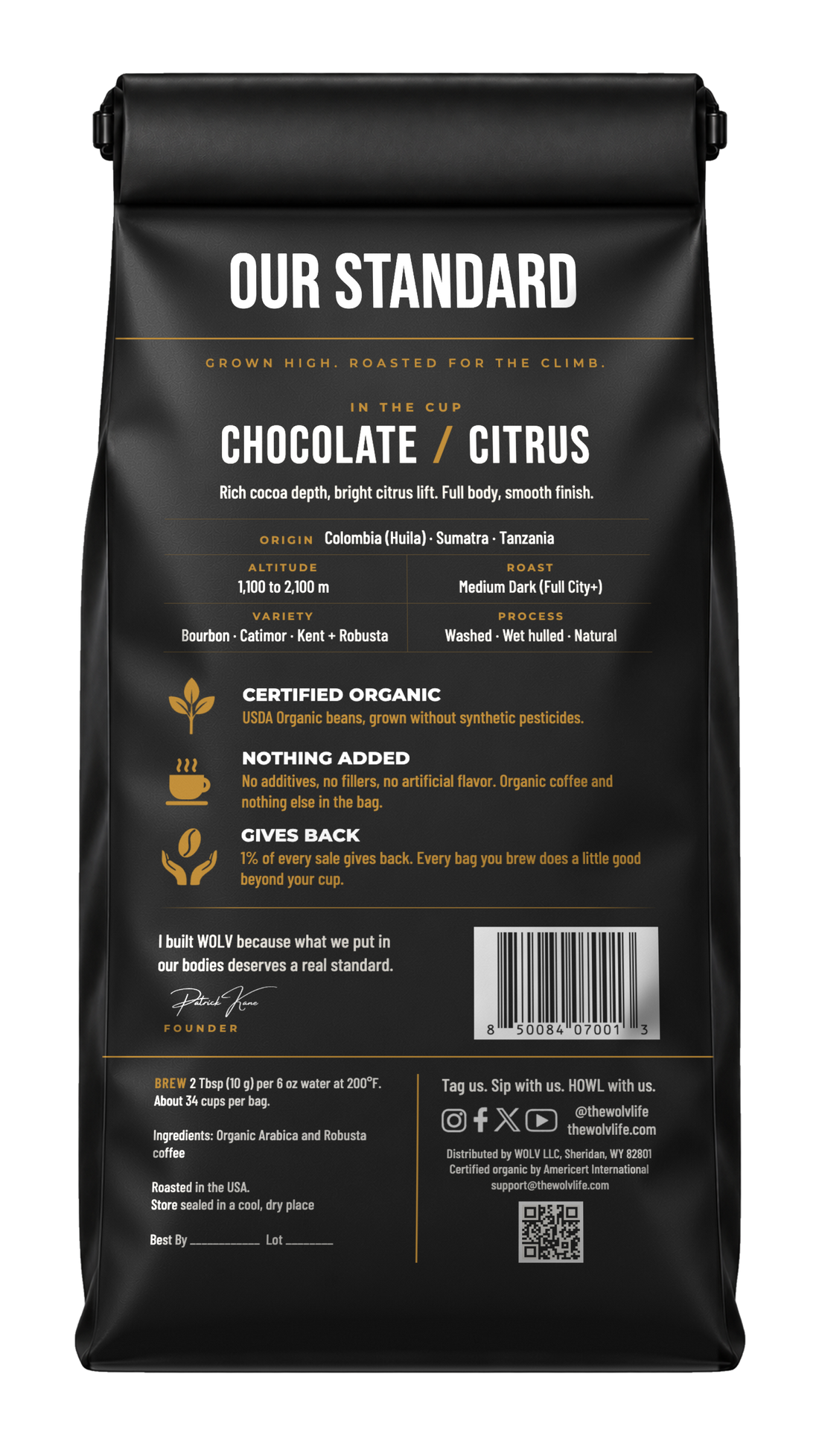 Ascend organic coffee, 12 oz bag, back
