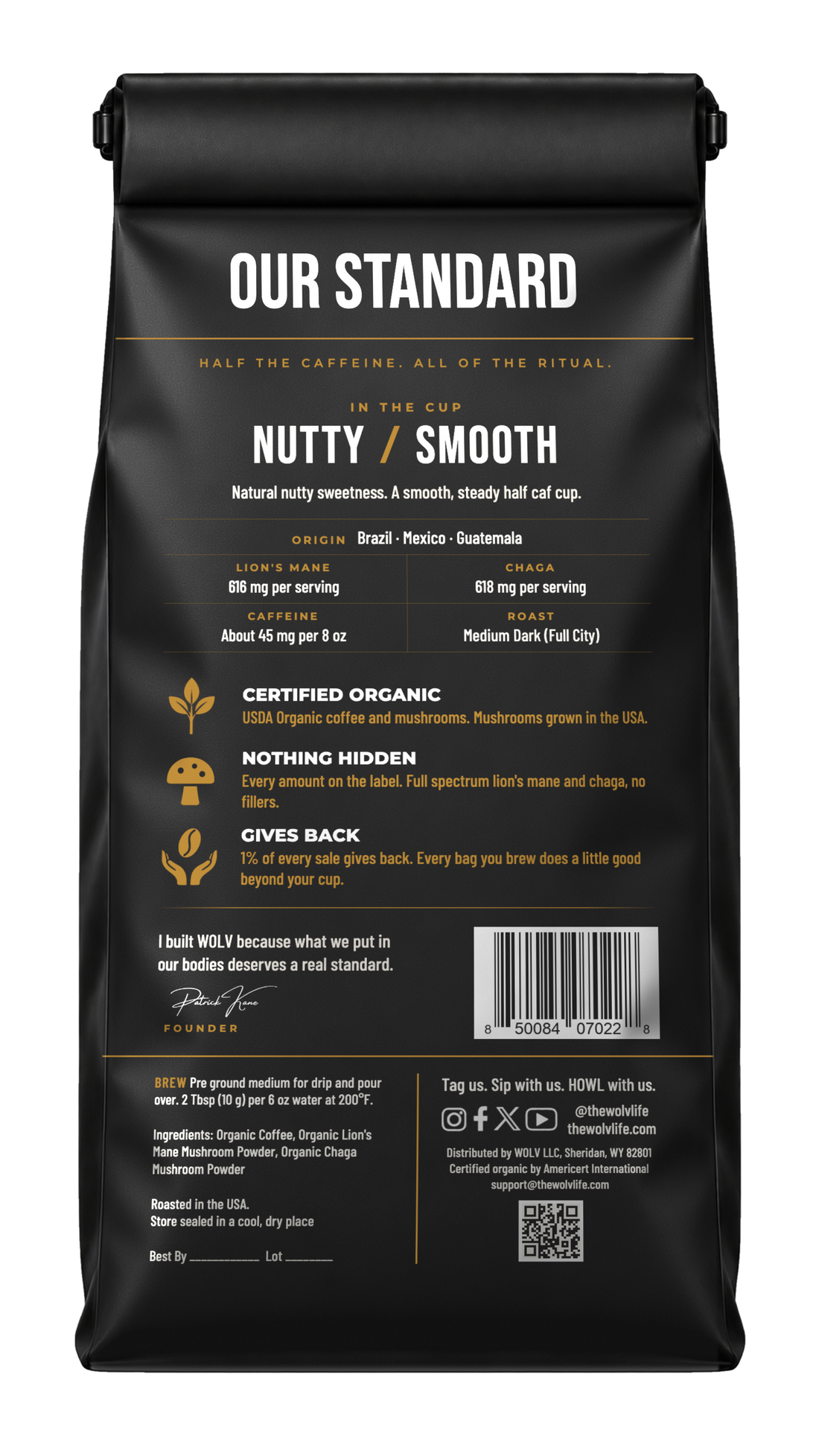 Awaken organic coffee, 12 oz bag, back