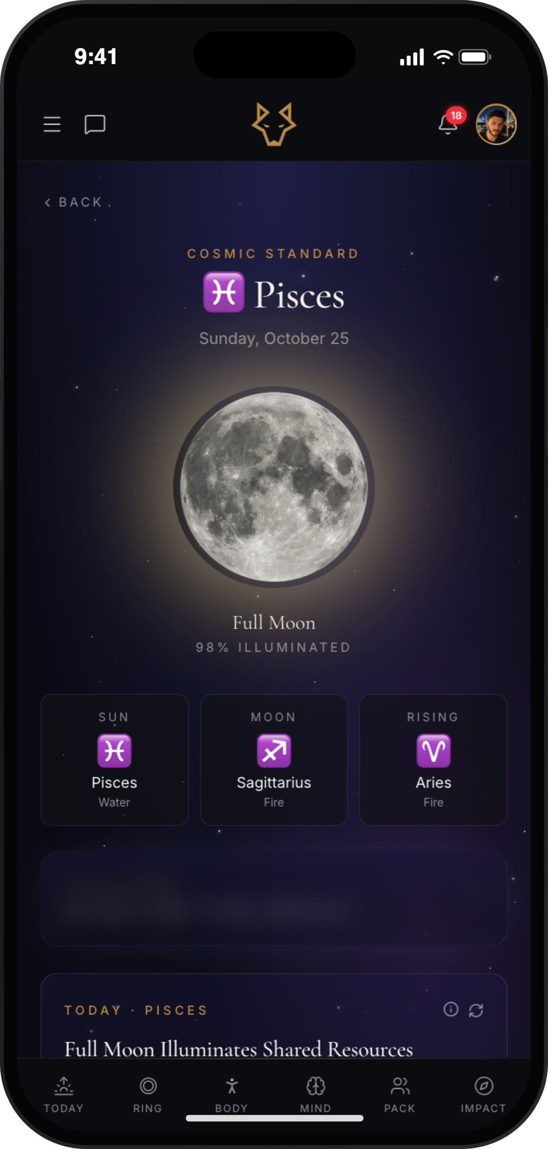 Cosmic Standard. Moon phase, sun, moon, and rising