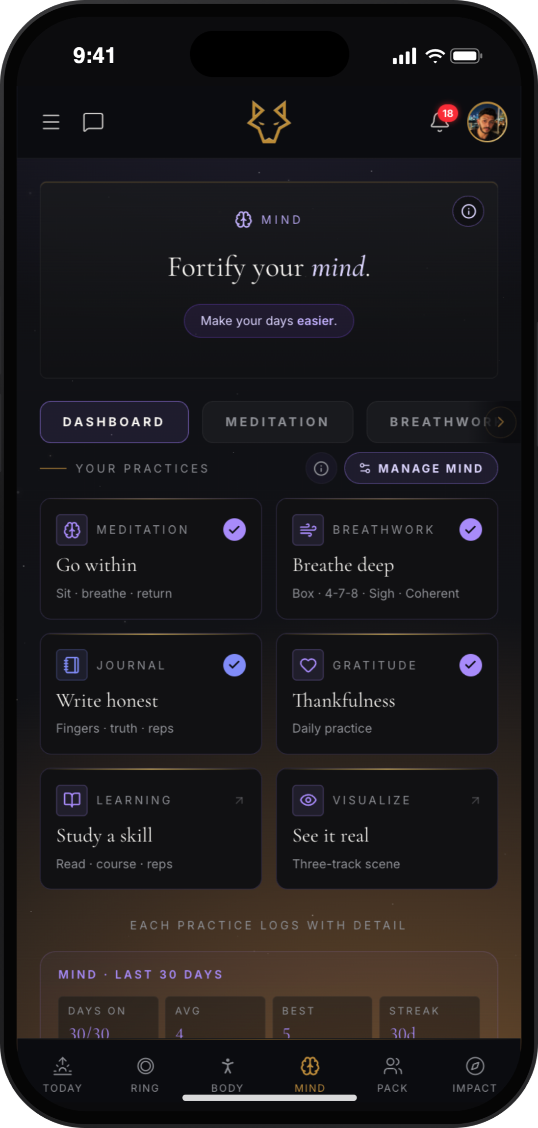Mind. Meditation, breathwork, journaling, gratitude