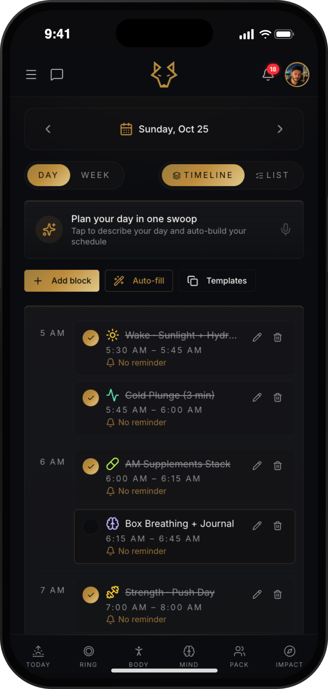 Plan. AI built daily timeline, blocks, and templates