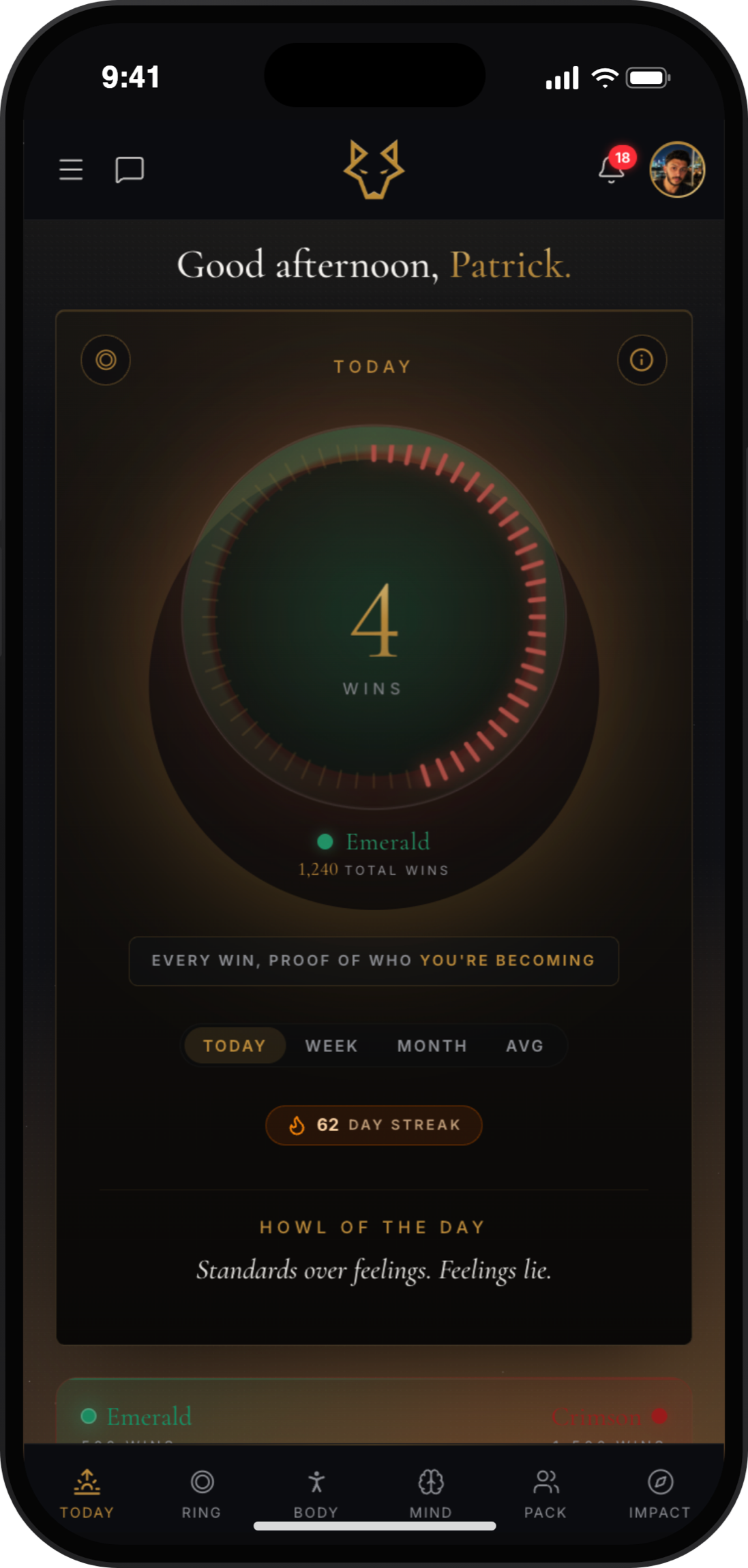 WOLV App. The Today screen with your daily wins, streak, and Howl of the Day