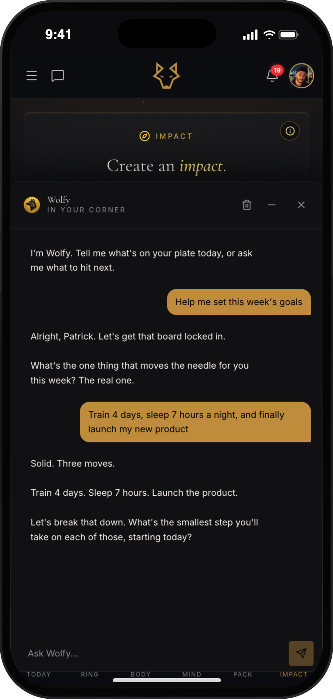 Wolfy. Your AI coach turning goals into today's moves