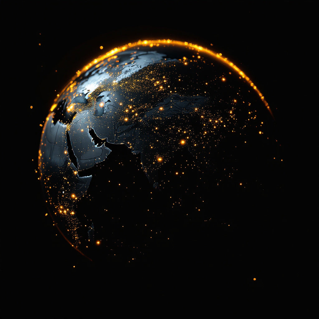 WOLV Worldwide. Dark Earth from space with gold city-light dots across the continents.